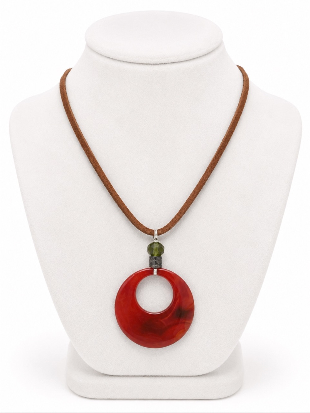 Boho Marbled Donut Pendant Brown Cord Statement Necklace